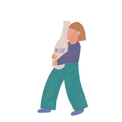 Woman carries a bottle of alcohol