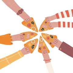 People's hands hold pieces of pizza