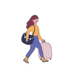 Joyful woman travels with baggage