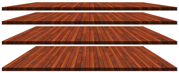 Collection of four empty wooden table tops or shelves, for products display, isolated on white or transparent background, diminishing perspective, png.