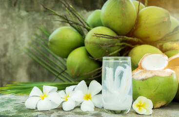 coconut juice with young coconut. Fresh coconut water, young coconut drink .