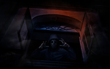 Human skull in jacket standing in old ancient window castle, Halloween mystery concept