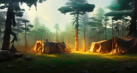 Postapocalyptic military encampment in the forest. Illustration. - obrazy, fototapety, plakaty