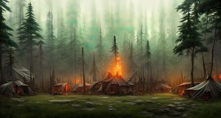 Postapocalyptic military encampment in the forest. Illustration.