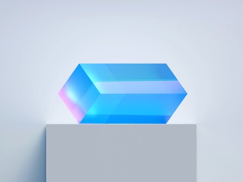 Blue crystal on white stand. Shiny colorful gemstone on white background close up. 3d rendering. icon of crystal.