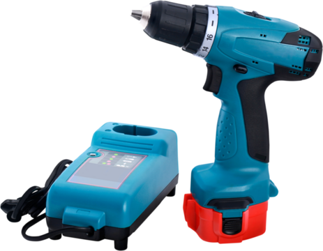 Modern electric drills on white background