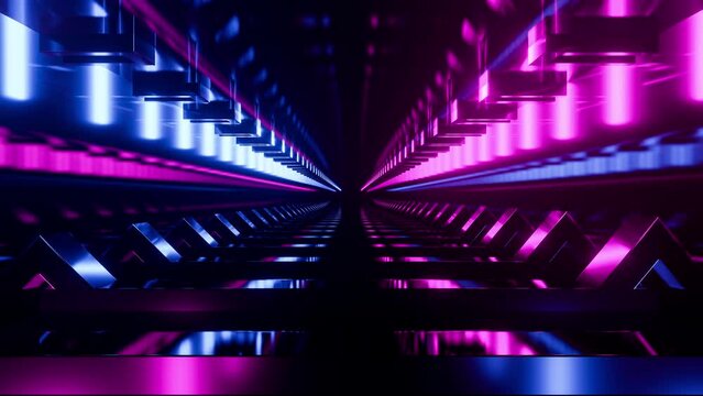 3D Abstract Scene, Futuristic Concept World, Cyber Tunnel With Neon Fluorescent Lights, Digital Futurism. Sci-Fi Style In 3D Animation Background. 4K Video, Cycled Loop Render. Moving Seamless Design