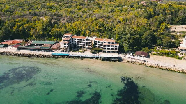 Scenic aerial view from drone of coast Balchik city in the Black sea, Bulgaria