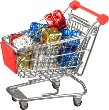 Shopping Cart with gifts isolated on the white background.