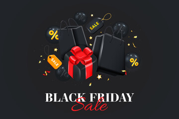 Black Friday sale poster or commercial discount event banner on black background with glossy giftbox, Shopping bags and Sale tag. Social media template for website and mobile website. Vector