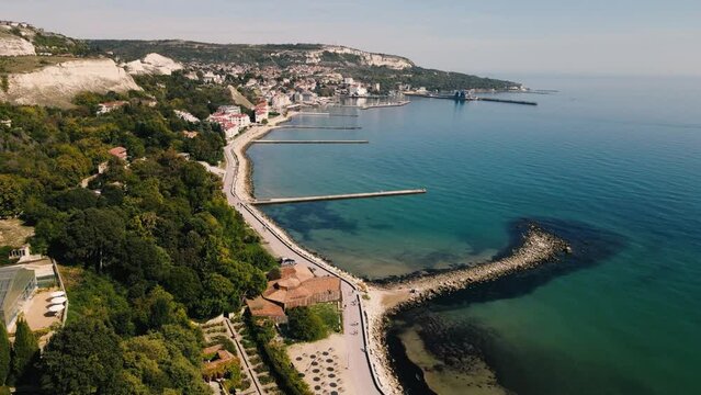 Scenic aerial view from drone of coast Balchik city in the Black sea, Bulgaria