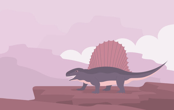 Dimetrodon dinosaur hunter of the Jurassic period. Fin plate on the back. Ancient prehistoric pangolin in the background of a rocky landscape. Vector cartoon illustration