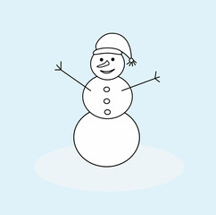A cheerful snowman in a beautiful cap, highlighted on a delicate blue background. Flat design style. 
