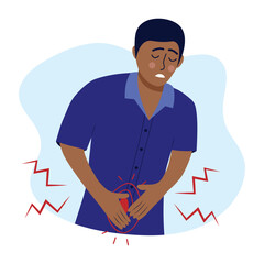 Man with stomach pain. Male character suffers from abdominal pain. Concept of poisoning, appendicitis, consequences of malnutrition, digestive system problem and unhealthy lifestyle.