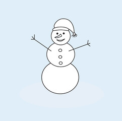 A cheerful snowman in a beautiful cap, highlighted on a delicate blue background. Flat design style. 