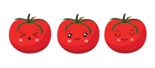 Red tomato in kawaii style. Vector illustration.