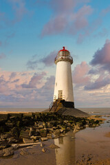 Point of Ayr Lighthouse at Talacre in Flintshire Wales built in 1776 to warn ships entering between the Dee and the Mersey Estuary. It was decommissioned in 1844 - obrazy, fototapety, plakaty