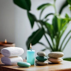 Obraz na płótnie Canvas Beauty treatment items for spa procedures on white wooden table with green plant. massage stones, essential oils and sea salt with burning candle. 3d illustration