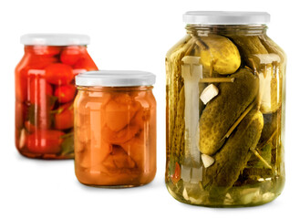 Jars with canned vegetables isolated on white