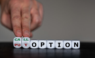 Hand turns dice and changes the expression 'put option' to 'call option'.