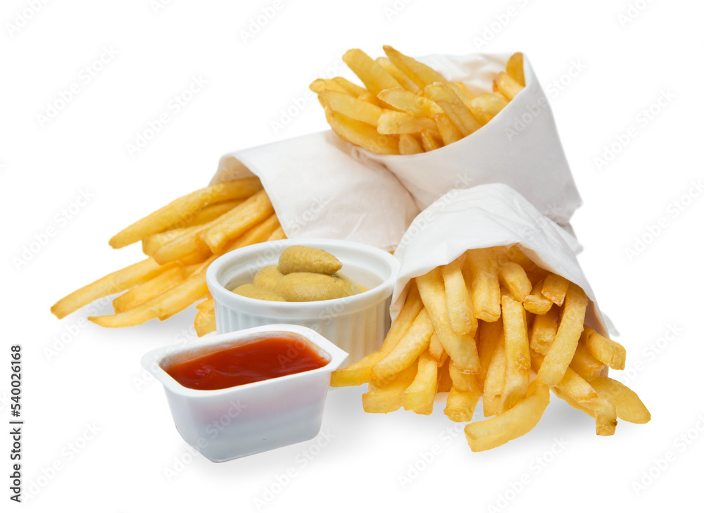 Wall mural french fries with ketchup isolated on white