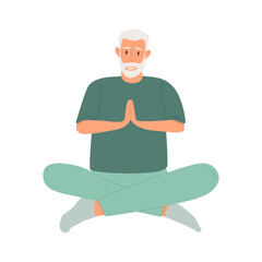 Flat vector cartoon illustration of an elderly man sitting in the lotus position. The concept of a healthy lifestyle of life and yoga in old age. Isolated design on a white background.