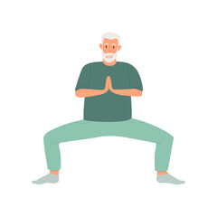 Vector illustration of an elderly man doing yoga. The concept of a healthy lifestyle, sports and meditation in old age.
