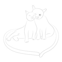Sketch of two cats that gently cuddled up to each other, flat vector, contour drawing, isolate on white