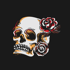 Head skull or skeleton vector illustration with rose flower