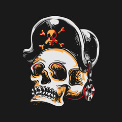 Head skull or skeleton vector illustration with pirates hat 