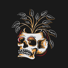 Head skull or skeleton vector illustration with leaf foliage