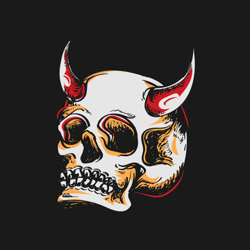 Horned Skull Illustration &mdash; Demon Skull Design