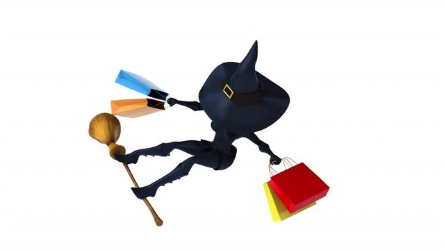 Fun 3D cartoon witch flying and shopping with alpha channel included