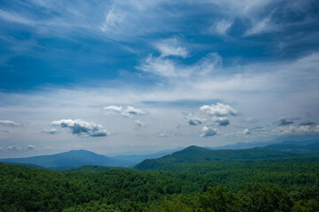 Blue Ridge Mountains of North Carolina with dramatic sky and whispy clouds.