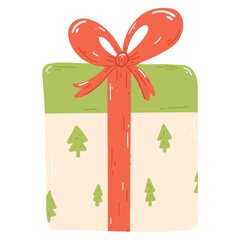 Christmas or New Year gift box in cartoon style. Hand drawn vector illustration of gift with red ribbon and bow