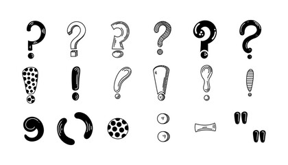 Punctuation marks icons. Set of black double symbols for citation, chat, dot, exclamation and comma doodle illustration on white background. Vector.