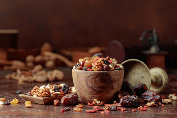 Dried fruits and nuts in a wooden bowl.