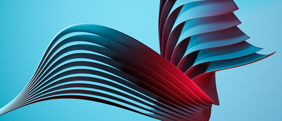 Blue and red abstract twirl or shiny modern 3D object with many overlapping layers and flowing curves, lines or shapes on black background