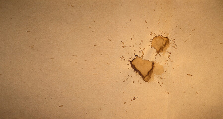 A clean yellow canvas with stains from spilled coffee. Tea blots on a blank sheet of paper.Clear orange background with water spots for text.