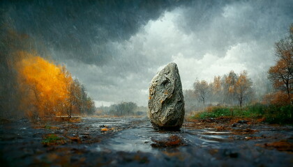 Wet stones with water in rain, fine details as panorama background and wellness motif