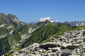 Fototapeta na wymiar Le Mont Blanc (alt 4808 m) vu depuis les pentes du Grand Charnier