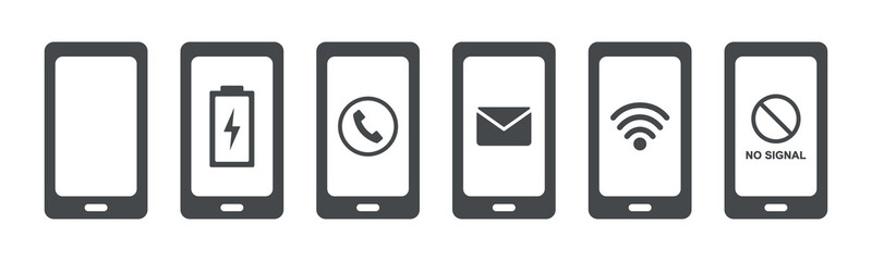 Set of black phone icons. Battery indicator, wifi, no signal, message, call, blank display symbol.