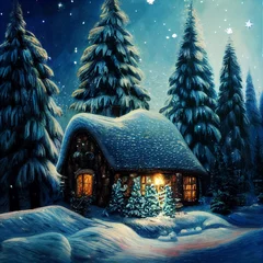 Tuinposter Christmas night fantasy: tiny fairytale house in the wood with warm lights inside, roof covered by snow, white  landscape and starry night made with generative AI © acrogame