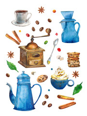Still life with a coffee pot. A set of watercolor illustrations. Coffee drinks, desserts and dishes.