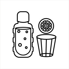 Bottle of water and glass with lemon in hand drawn doodle style. Water time. Vector illustration.
