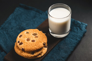 Crispy oatmeal cookies with raisins and glass with milk on wooden board, dark background