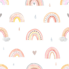 Seamless pattern. Watercolor hand painted cute rainbows. Illustration isolated on white background. Design baby textile, fabric, wallpaper, baby shower, nursery decor, children decoration, kids room