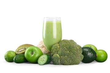 Delicious Healthy green smoothie with fruits and vegetables on table