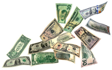 Flying money, banknotes of dollars of various denominations in the form of a fan