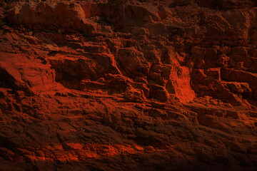 Mystic grim mountain rock prison. Fogy spooky fortress in dark alley. Old cragged creepy mythical cliff. Vintage fearful crannied horrible stone. Damaged terrible karst cavern for crime mystery drama